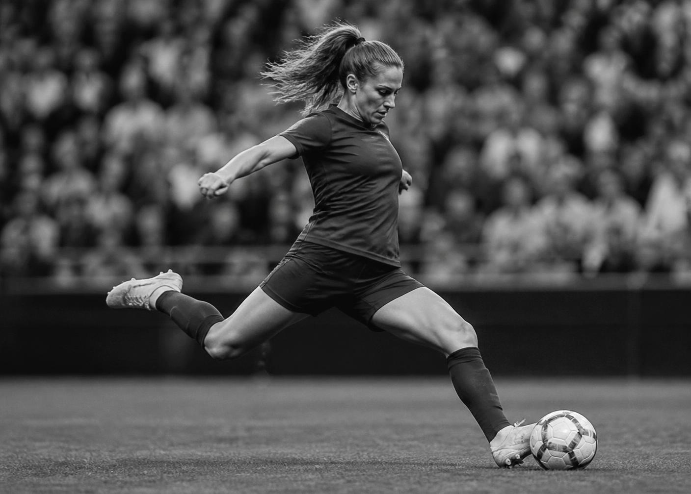 Professional women's soccer player striking the ball during a match