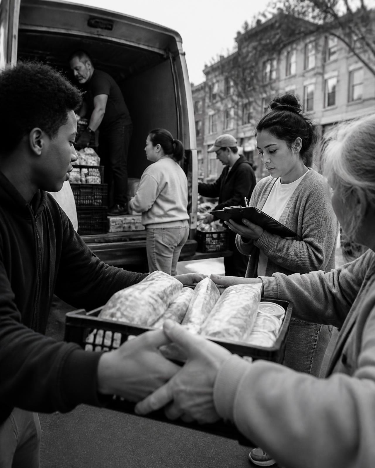 Volunteers unloading crates of food and supplies from a van on a city street