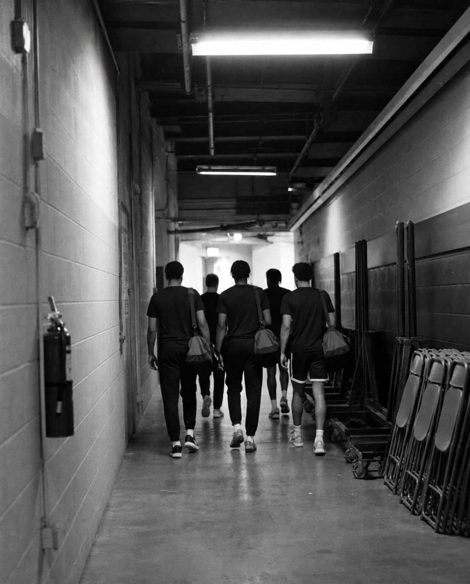 Athletes with gym bags walking down a service corridor inside a college arena