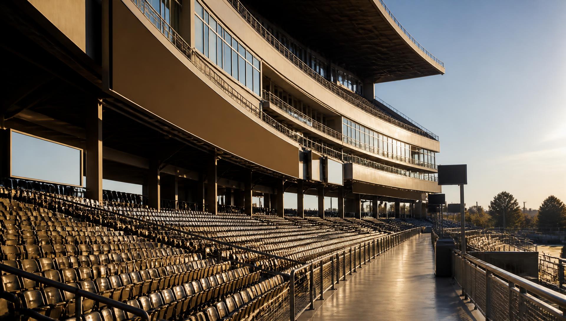 Empty seating bowl and blank signage panels in a college stadium at golden hour