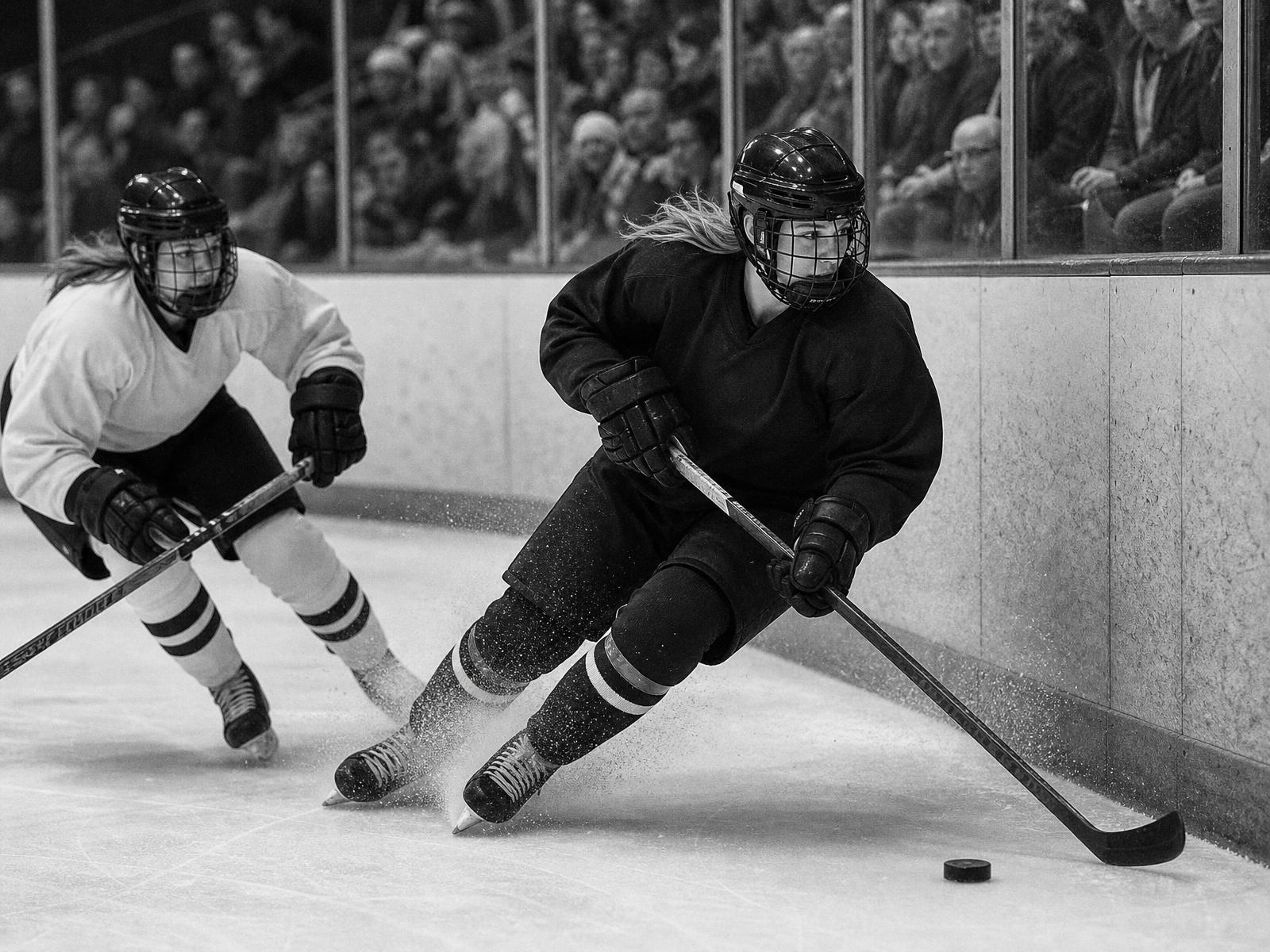 Women's college ice hockey player carrying the puck along the boards